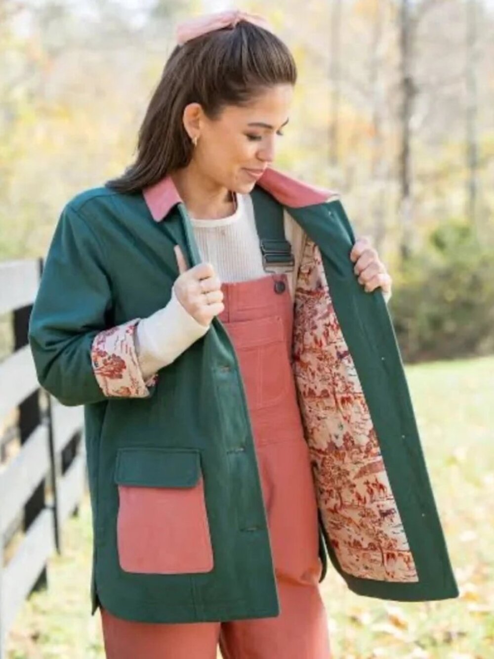 NWT Cute Equestrian Toile Lined Green and Pink Barn Coat Tractor Supply Size L